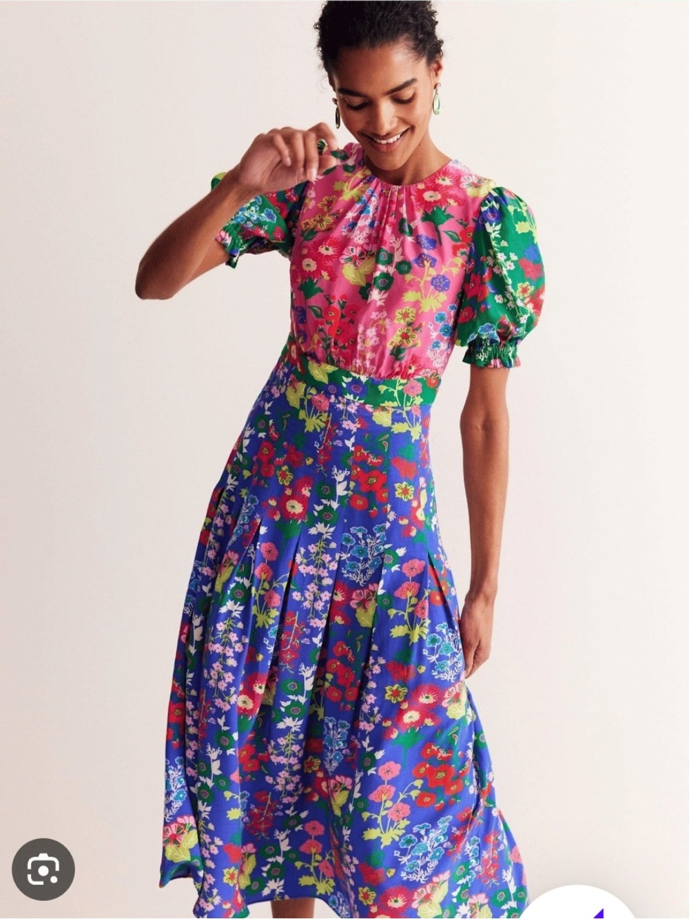 Boden Liv Pleat Midi Dress Wild Poppy Floral Botanical Print Puff Sleeve Size 6